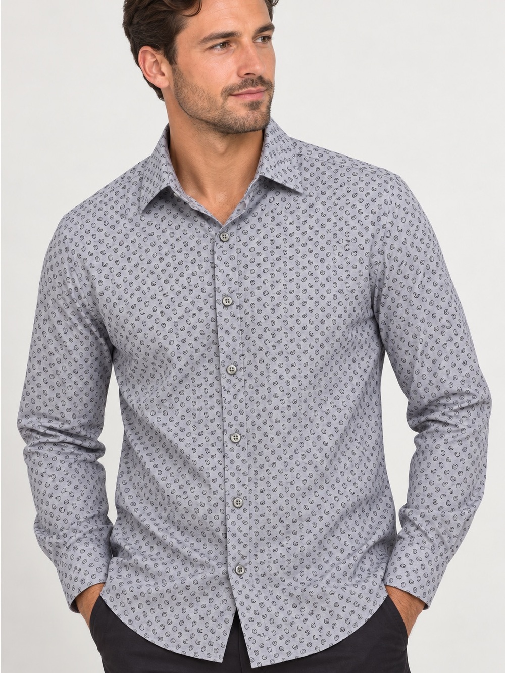 Madison Men’s Slim Fit Dynamic Cooling Paisley Dress Shirt Gray Size M